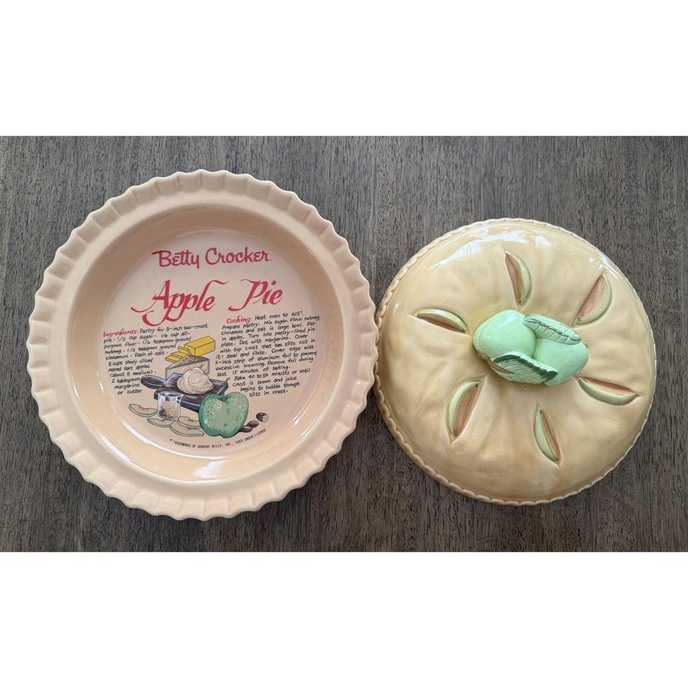 Vintage Betty Crocker Apple Pie Ceramic 9" Round Pie Dish Plate w/ Lid 2 Piece